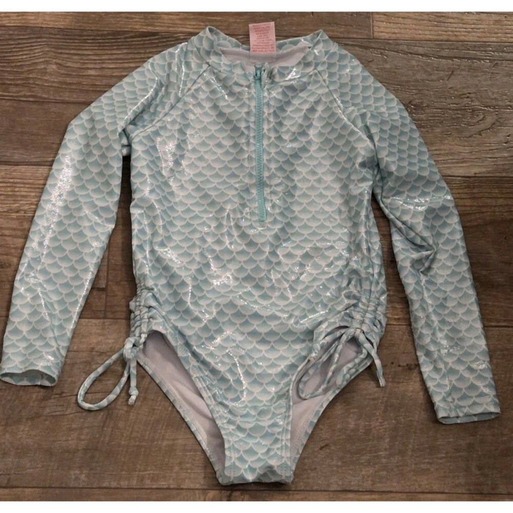 Real Love Girls' Quarter Zip Long Sleeve Mermaid Rashguard 1 Piece Swimsuit - 4T